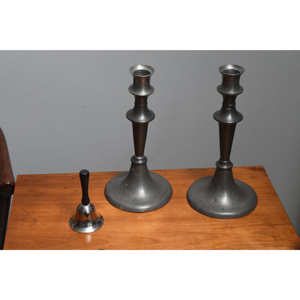 Vintage Pewter Dinner Bell: Small Hand Ringer, Wooden Handle